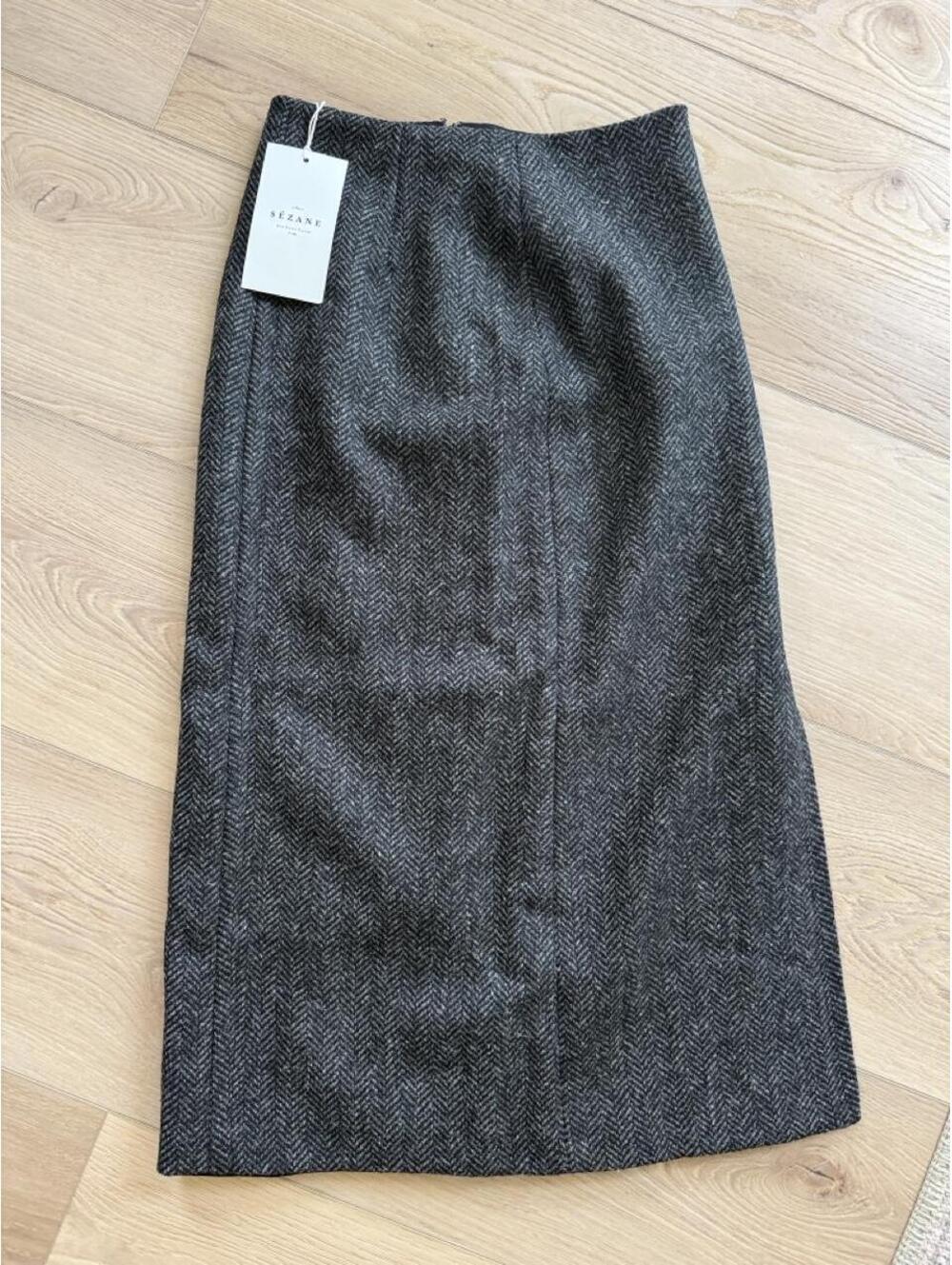 Sezane Jupe Eloane Grey Wool Midi Skirt - Tailored Front Slit